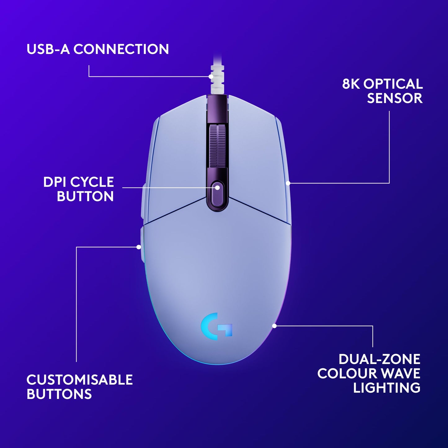 Logitech G203 LIGHTSYNC Gaming Mouse with Customizable RGB Lighting, 6 Programmable Buttons, Gaming Grade Sensor, 8K DPI Tracking, Lightweight - Lilac