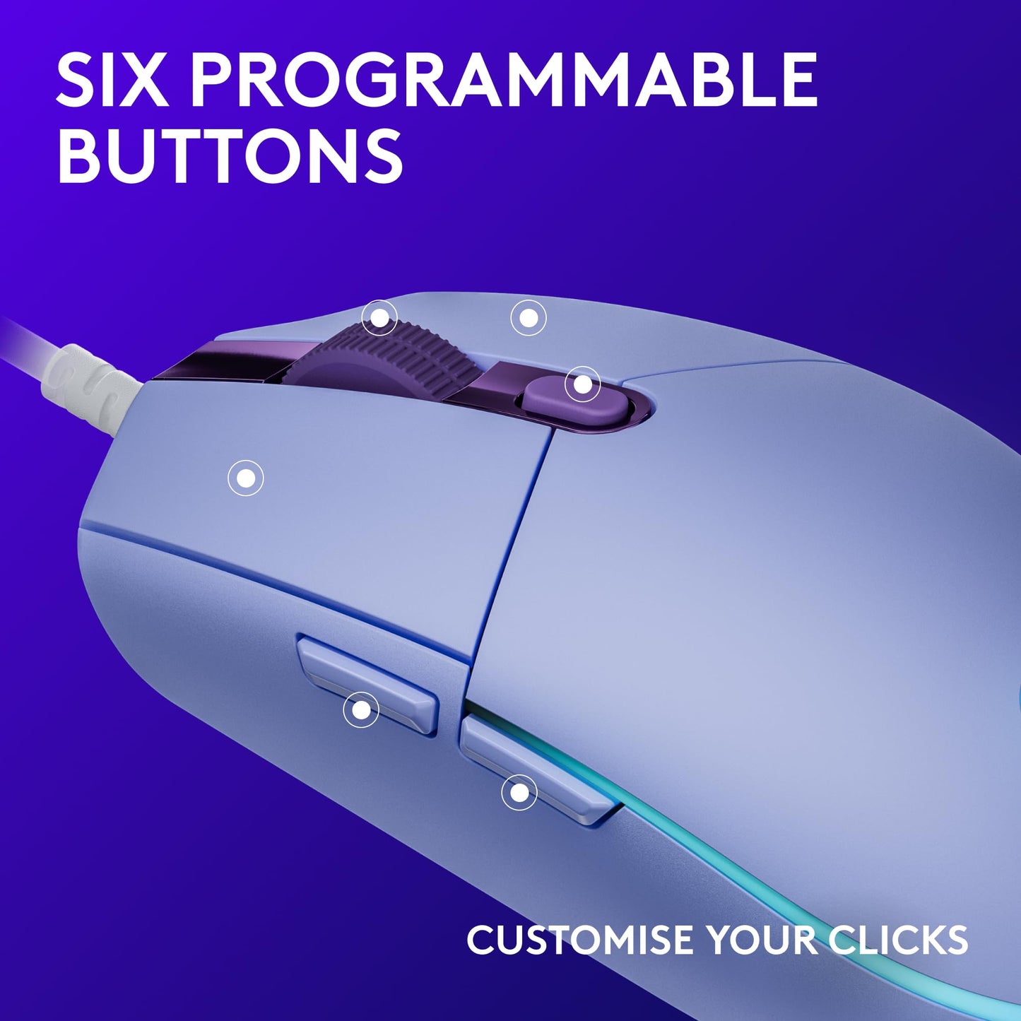 Logitech G203 LIGHTSYNC Gaming Mouse with Customizable RGB Lighting, 6 Programmable Buttons, Gaming Grade Sensor, 8K DPI Tracking, Lightweight - Lilac